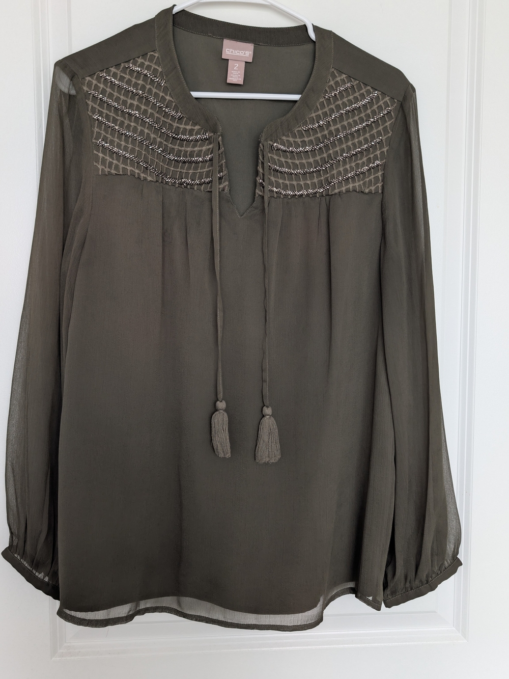 Chico's Olive Tie-Front Embroidered Yoke Blouse